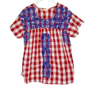 Layerz Clothing Glory Top 2XL Embroidered Floral Picnic Plaid Red White Blue